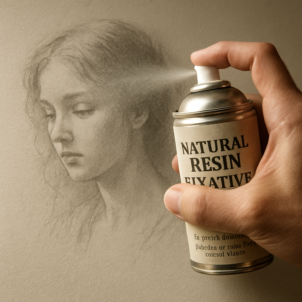 An artist gently spraying a natural resin fixative over a graphite drawing, soft light highlighting the paper texture and the mist of resin. Alt: Natural resin fixative for pencil drawings providing a matte, flexible finish.