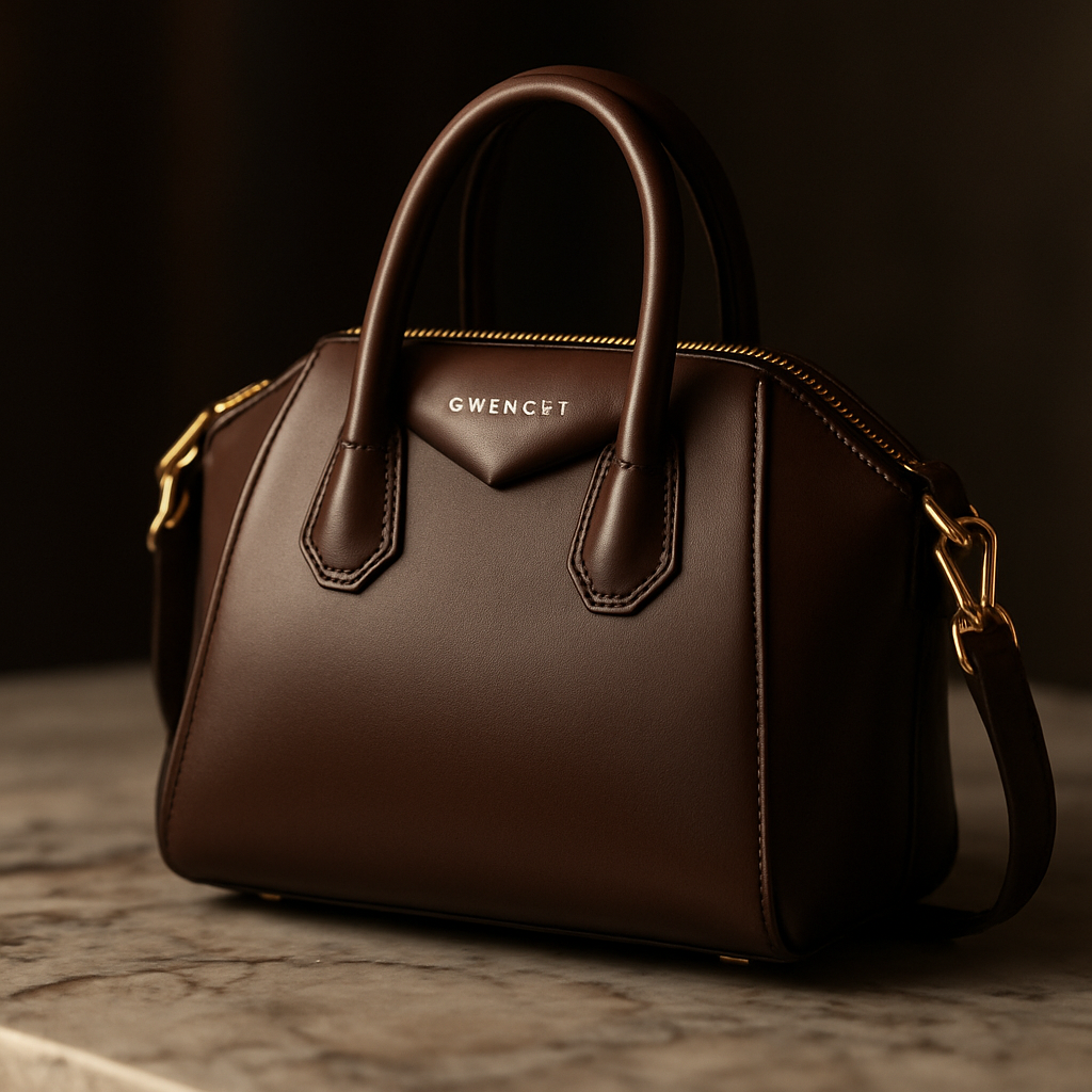 A close‑up of the Givenchy Mini Antigona bag perched on a marble tabletop, showcasing its structured silhouette, smooth leather, and gold hardware. Alt: Givenchy Mini Antigona structured luxury mini bag.