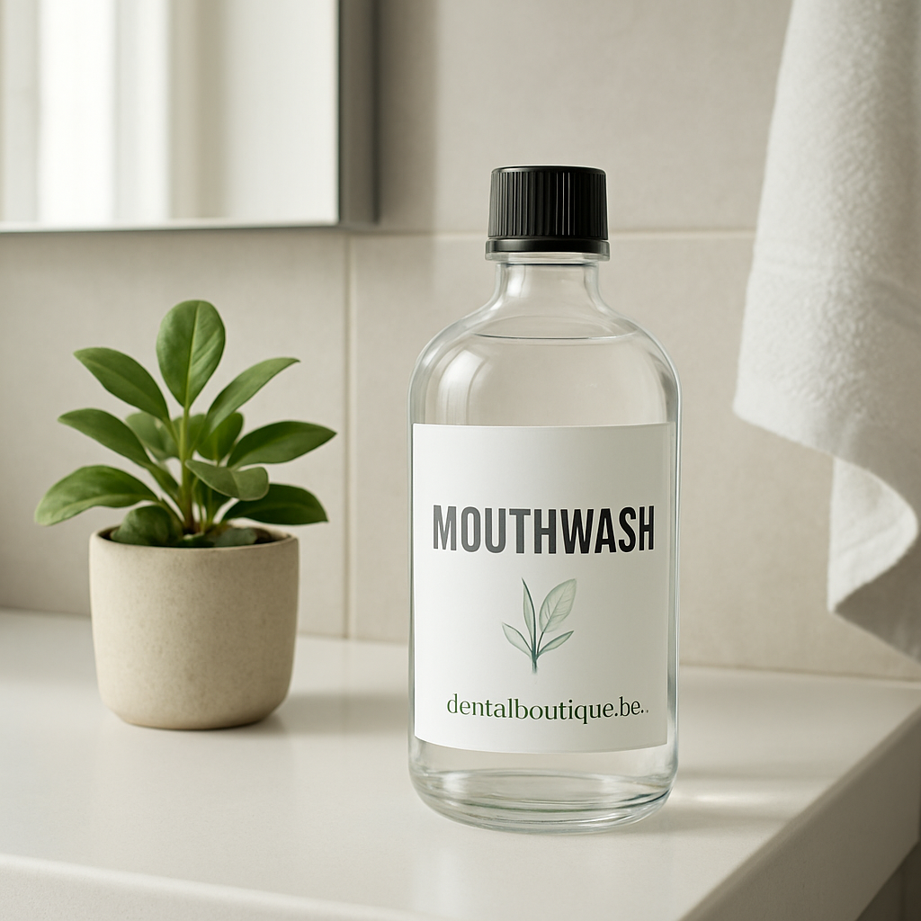 A modern bathroom setting with a clear, glass mouthwash bottle, a small potted plant, and a soft natural light. Alt: CBD mouthwash bottle beside plant in bathroom.