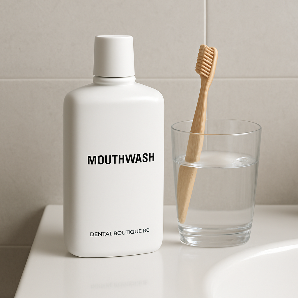 A modern bathroom scene with a sleek white mouthwash bottle, a bamboo toothbrush, and a glass of water on the sink. Alt: “Elegant oral care setup with natural mouthwash.”
