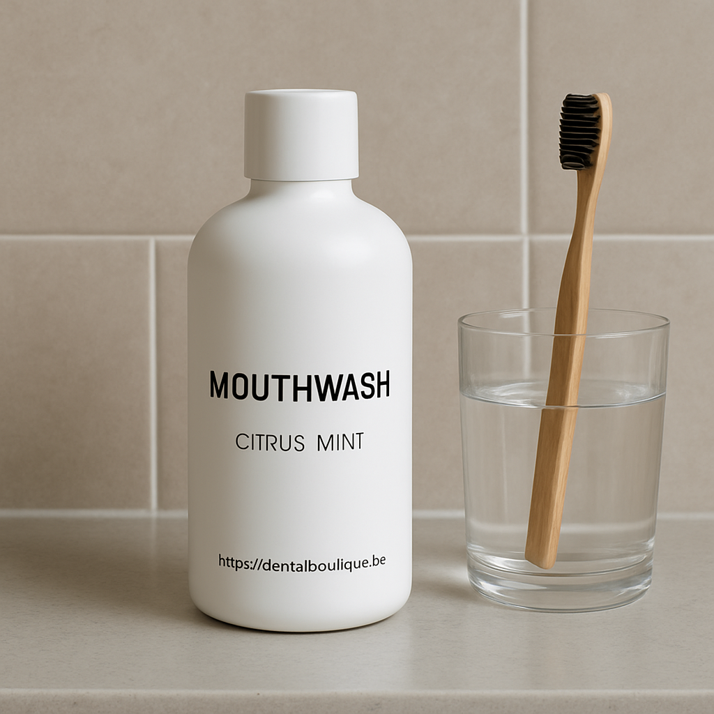 A modern bathroom scene featuring a sleek white bottle of citrus‑mint mouthwash next to a bamboo toothbrush and a glass of water. Alt: “Refreshingly simple bathroom set‑up with a citrus mint mouthwash.”