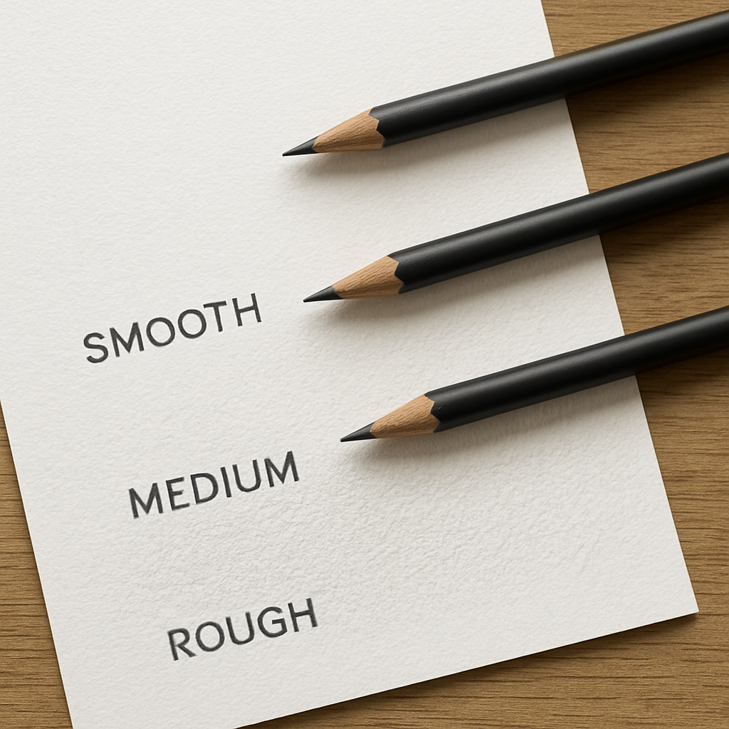A close-up of three papers on a desk showing smooth, medium, and rough tooth textures for graphite drawing, with pencils resting on top. Alt: Best paper for graphite drawing texture comparison.
