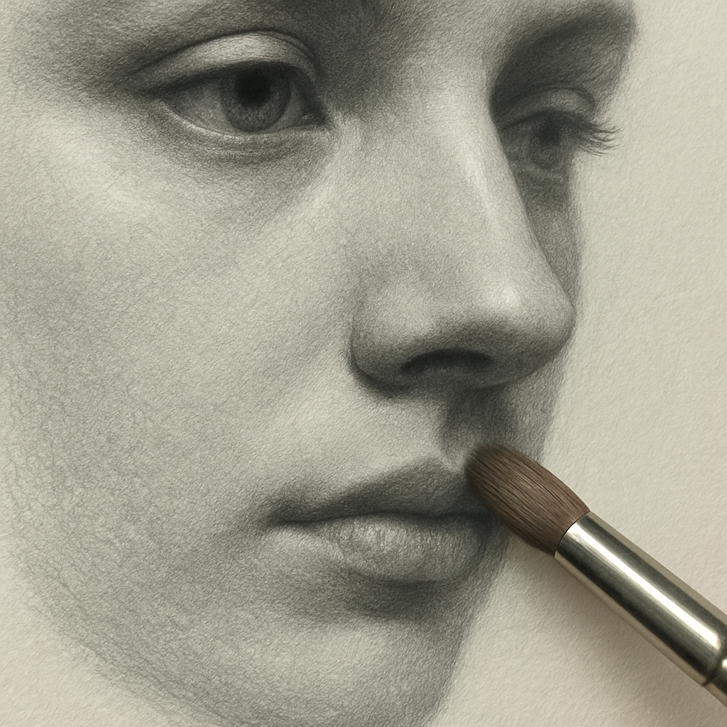 A close‑up of a graphite drawing on acid‑free paper with a soft brush, highlighting the smooth finish and subtle blending. Alt: Graphite drawing finished on paper, showing subtle blending and paper care.