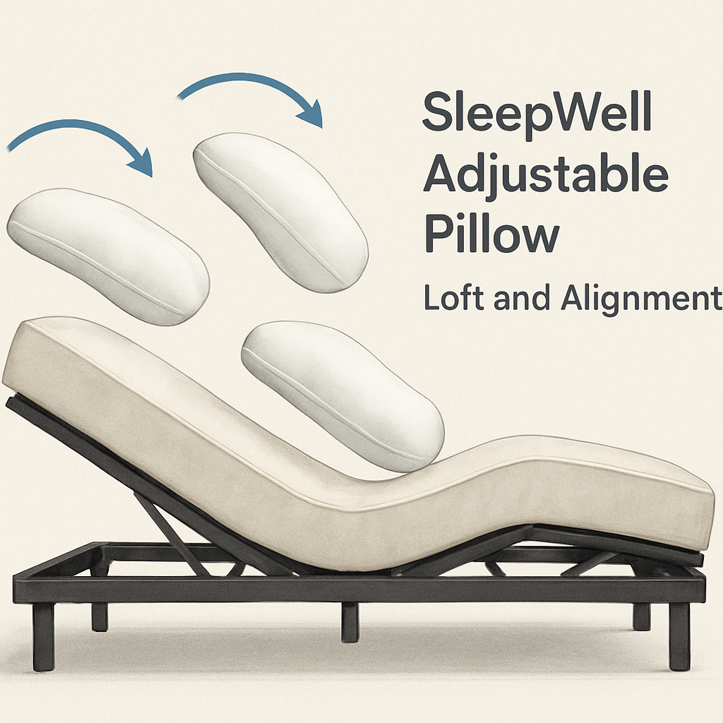 A side‑profile illustration of an adjustable bed with the SleepWell Adjustable Pillow positioned at various angles, highlighting loft and alignment. Alt: Adjustable bed pillow illustration.
