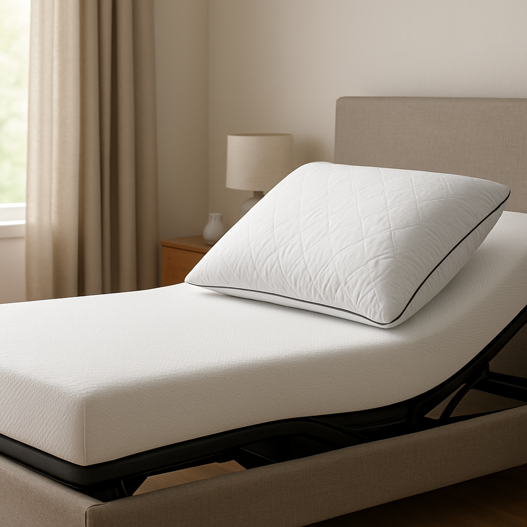 A modern bedroom showing an adjustable bed with a hybrid foam‑and‑feather pillow positioned at the headrest, highlighting the pillow’s loft and breathable design. Alt: hybrid pillow on adjustable bed for versatile sleep.