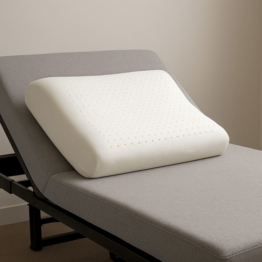 A sleek latex pillow placed at the head of an adjustable bed, showing the pillow’s loft and the bed’s tilt. Alt: Latex pillow best for adjustable beds.