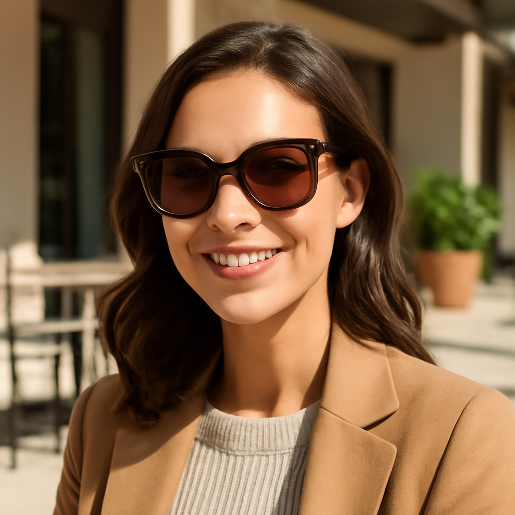 A stylish woman with an oval face wearing oversized polarized prescription sunglasses, smiling on a sunny patio. Alt: women’s prescription sunglasses polarized oval face style guide