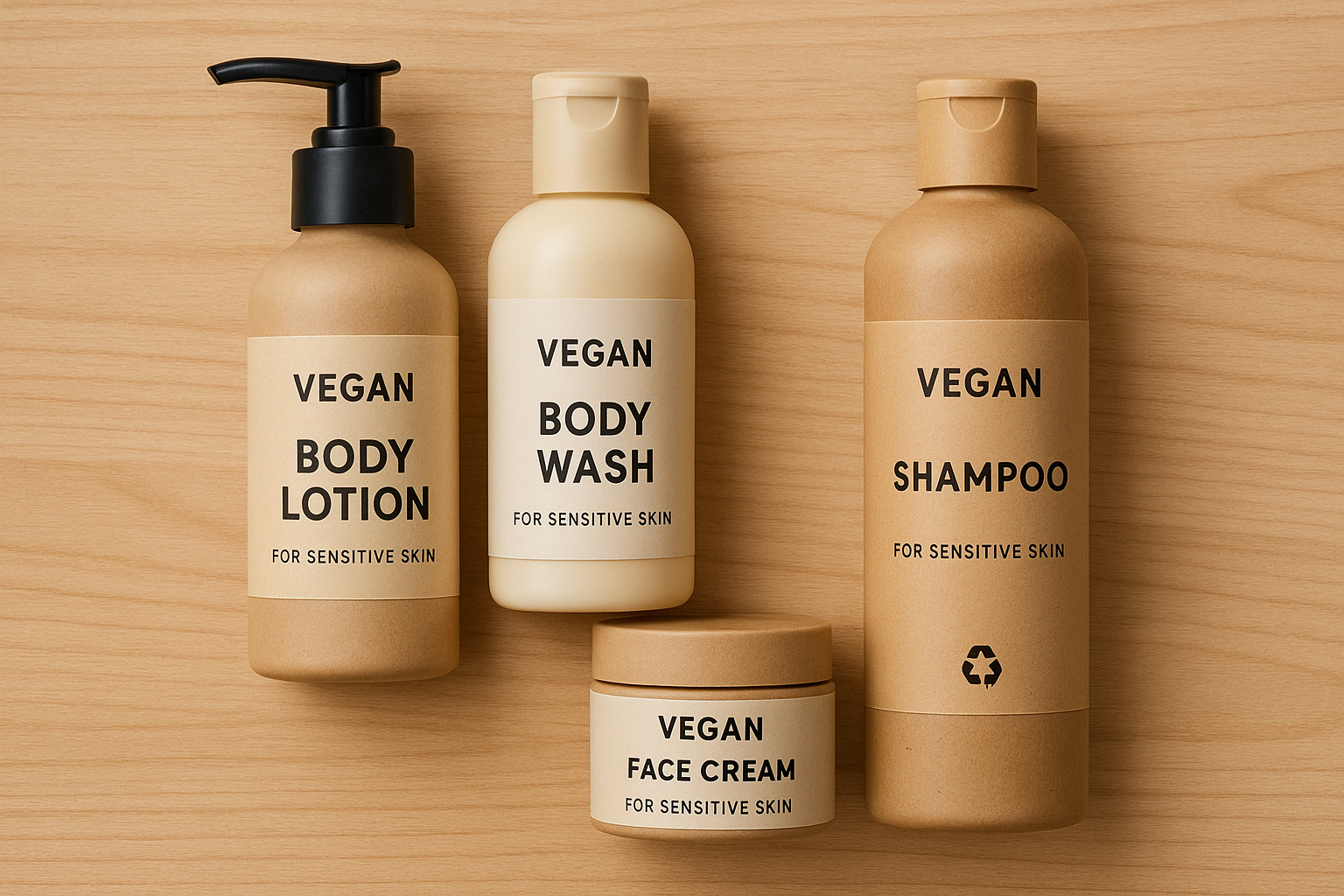 Minimalist vegan body care product bottles with recyclable packaging on a wooden surface. Alt: sustainable vegan body care packaging for sensitive skin routine.