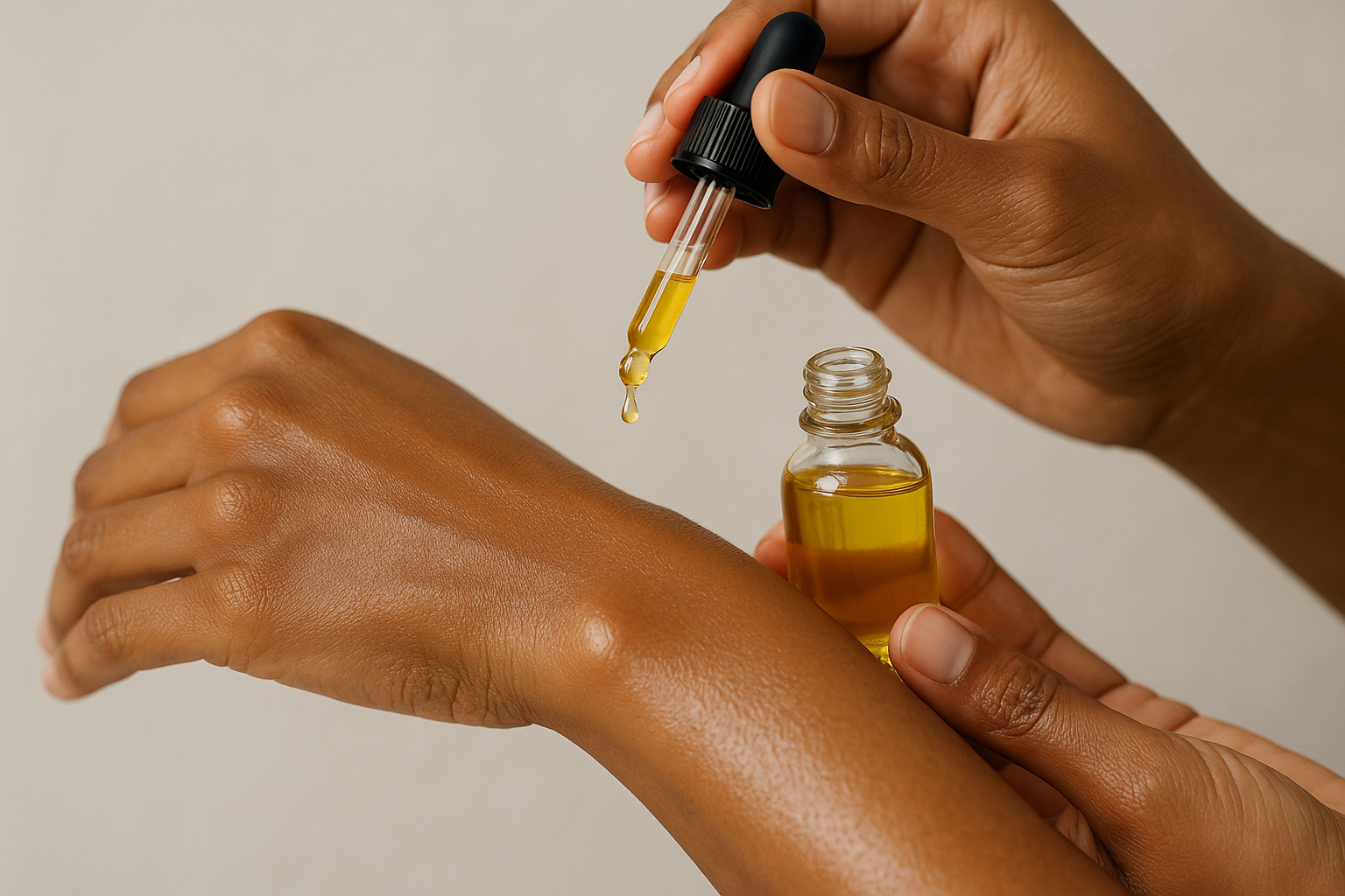 Close-up of hands layering natural vegan body oil over moisturized skin. Alt: layering vegan body care products for sensitive skin routine.
