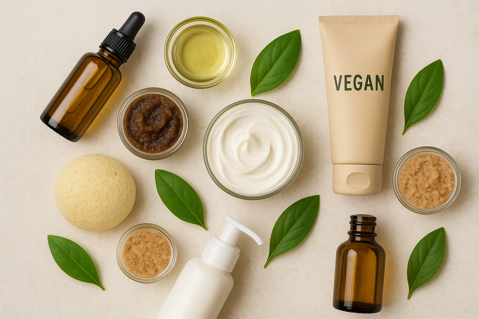 Artistic flat lay of vegan body care products including organic oils, scrubs, and lotions. Alt: comprehensive vegan body care routine products for sensitive skin