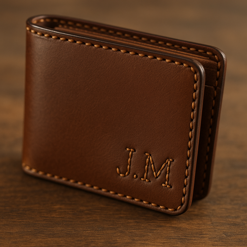 Handcrafted monogram leather wallet with smooth polished edges and stitched initials. Alt: Custom monogram leather wallet gift showing hand-stitched detail and polished finish.