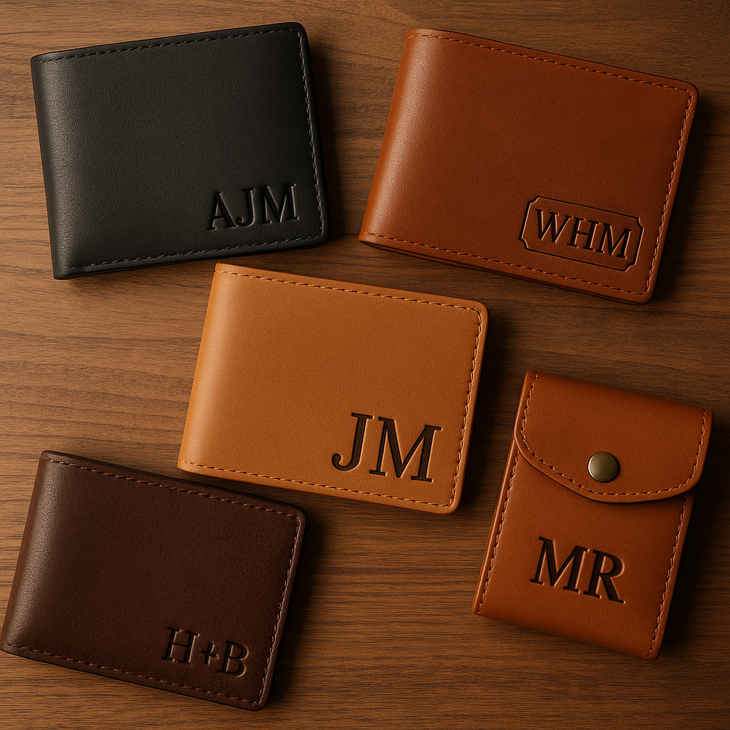 Variety of custom monogram leather wallets showcasing different styles and colors. Alt: Assortment of custom monogram leather wallet gifts in various styles.