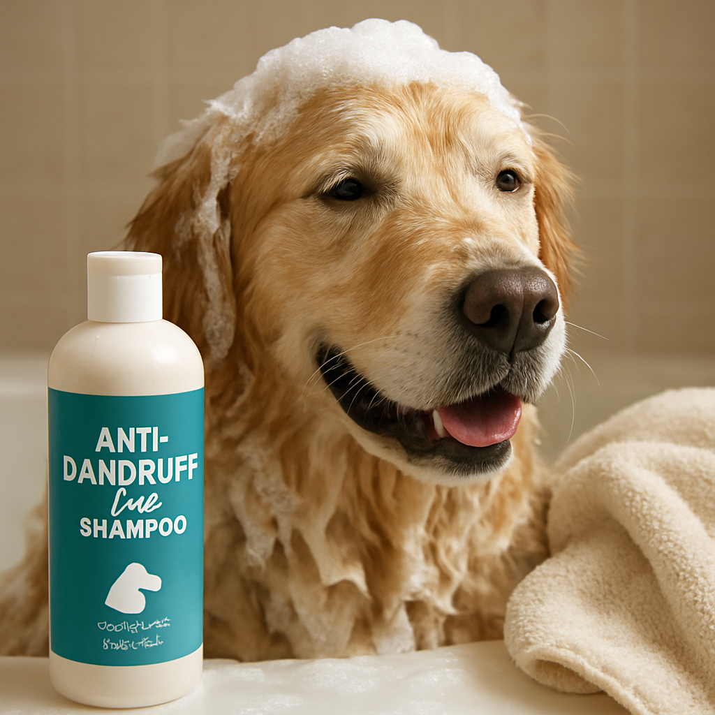 A close‑up of a golden retriever being bathed with anti dandruff dog shampoo, suds covering its coat, and a fluffy towel nearby. Alt: anti dandruff dog shampoo for dogs with flaky skin.