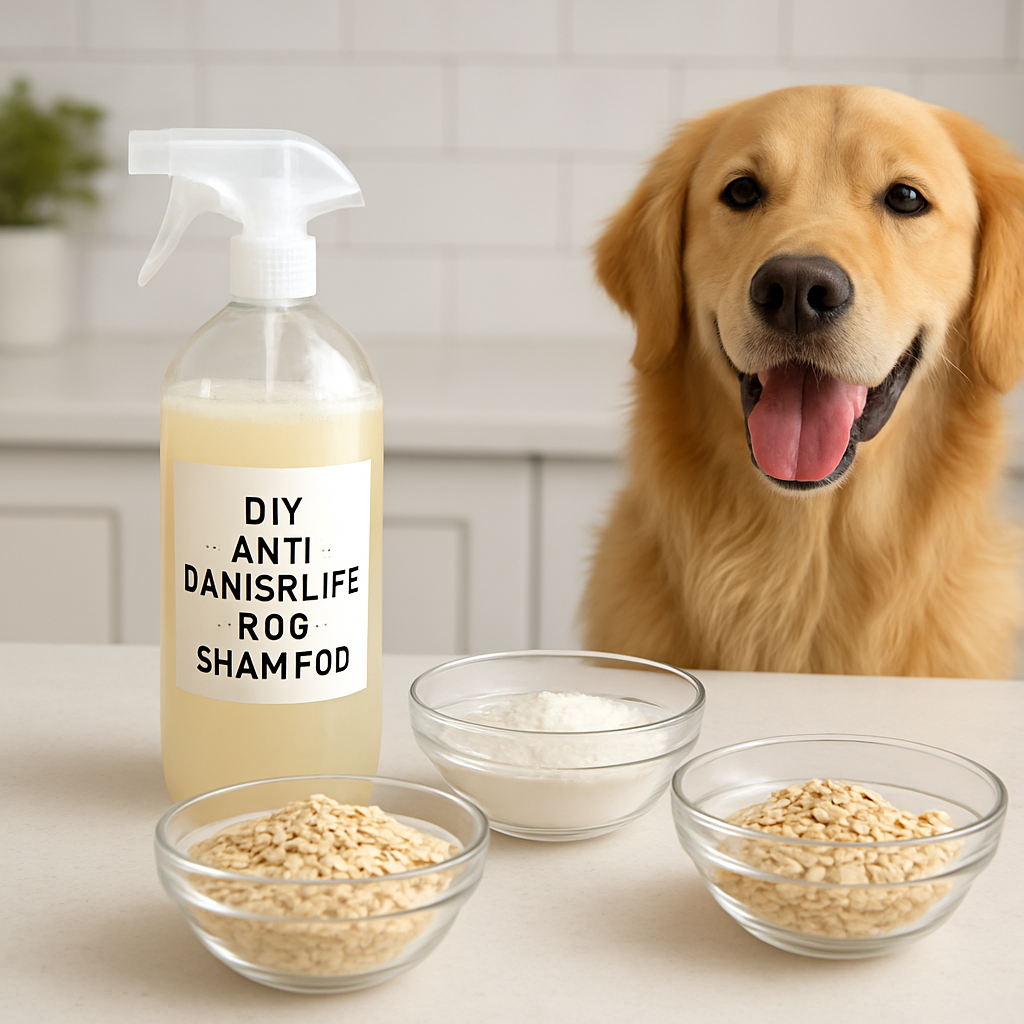 A bright kitchen counter with a spray bottle of homemade dog shampoo, bowls of oatmeal, baking soda, and a happy dog sitting nearby, ready for a bath. Alt: DIY anti dandruff dog shampoo natural ingredients.