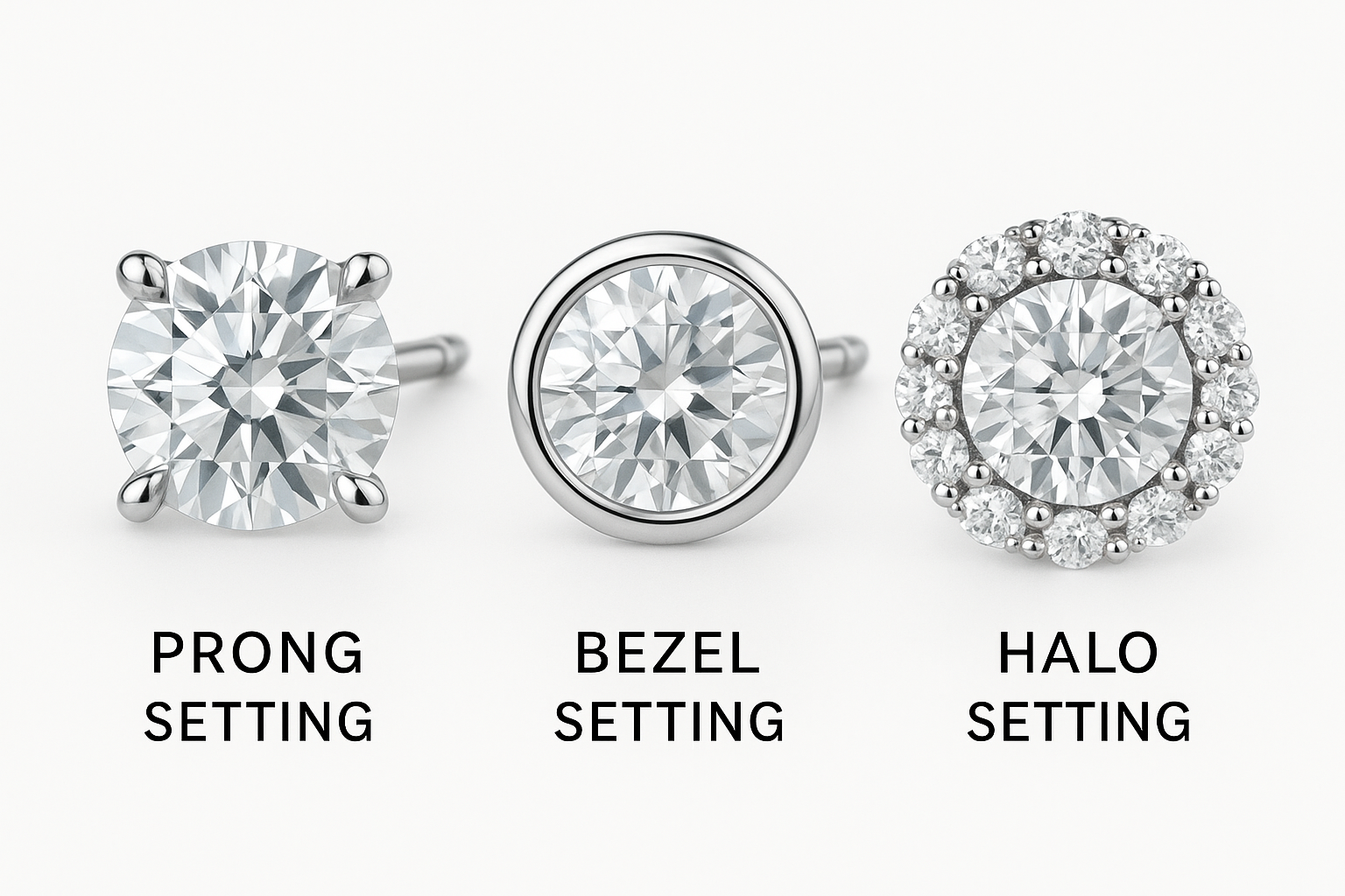 Diagram showing prong, bezel, and halo settings side by side. Alt: Diamond earring setting styles comparison