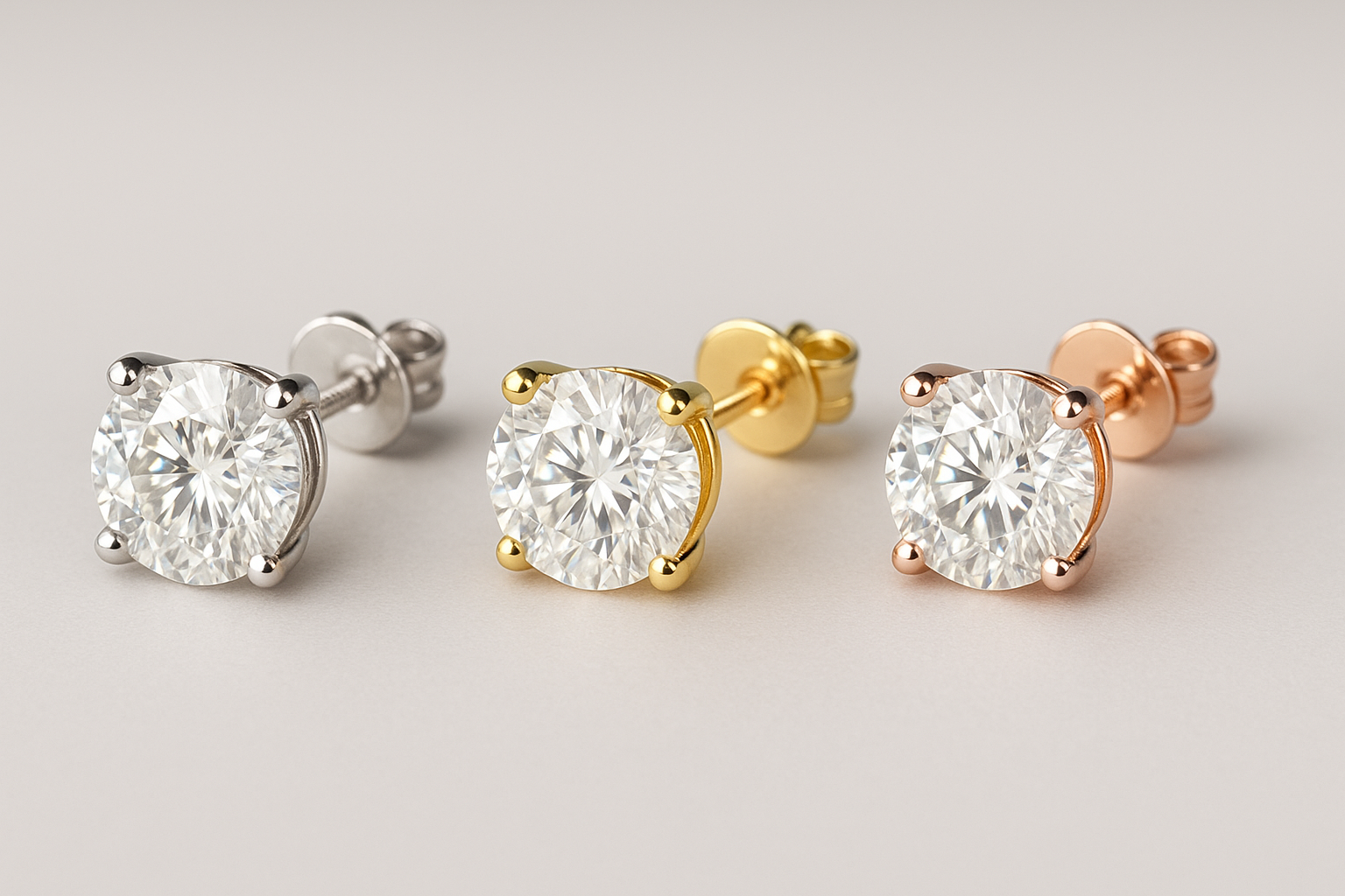 1 carat diamond earrings in white gold, yellow gold, and rose gold displayed together. Alt: 1 carat diamond earrings metal color comparison