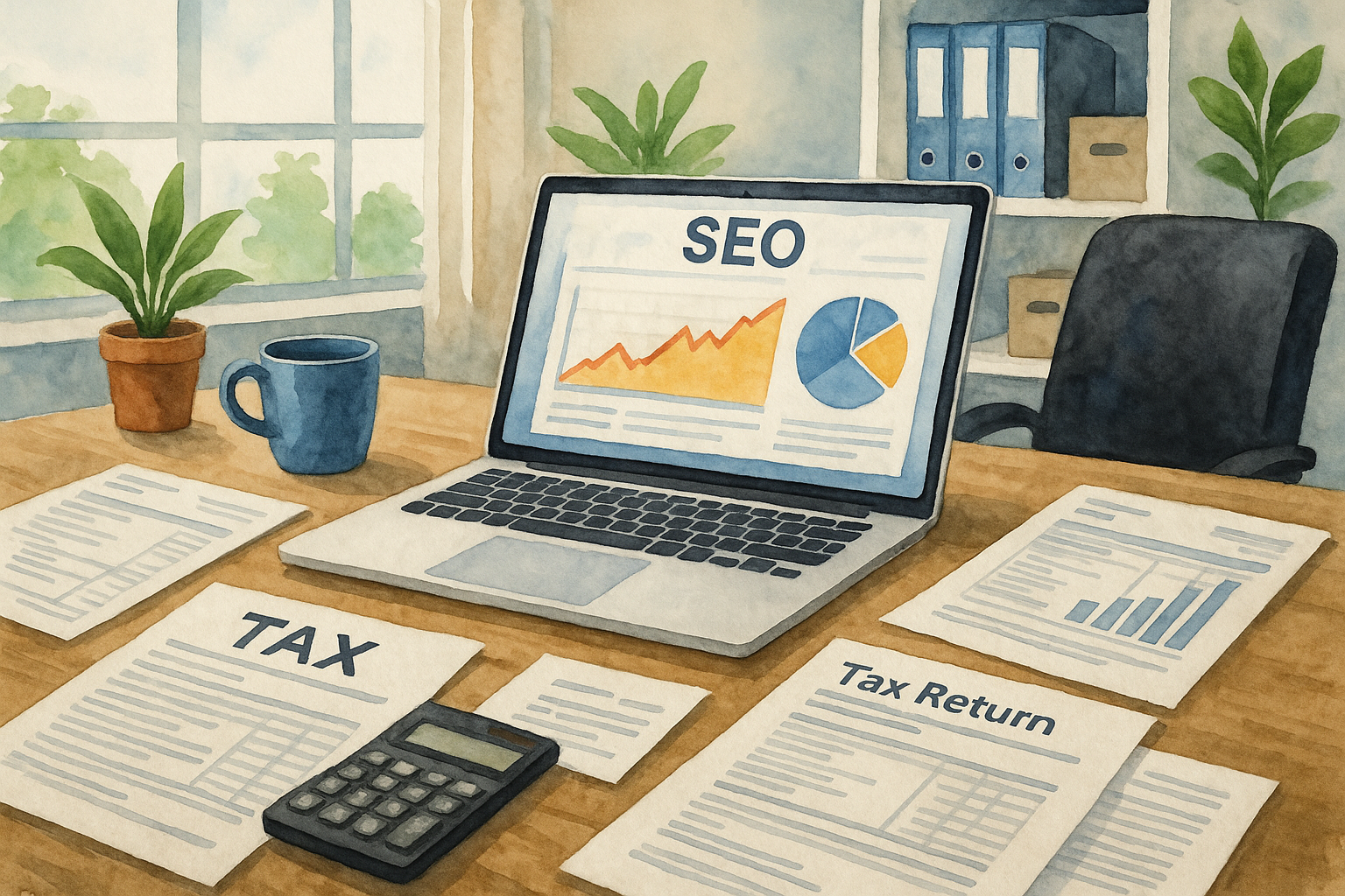 A modern accounting office with a laptop showing SEO analytics and tax documents spread around; visual to illustrate the intersection of accounting and search marketing.