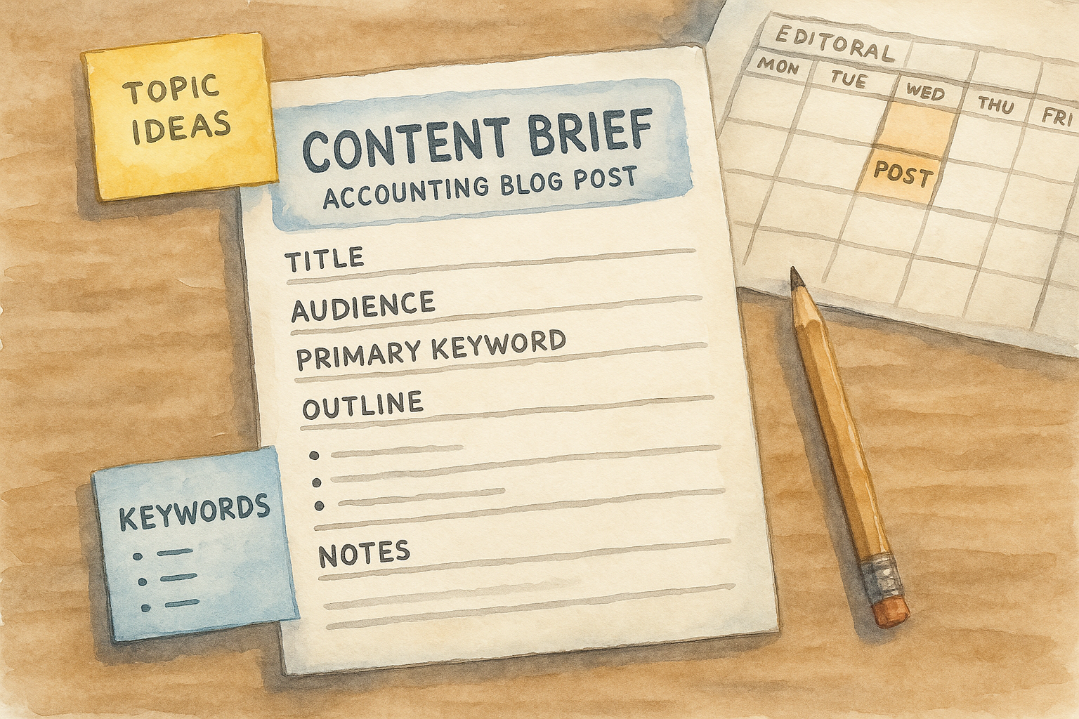 A content brief template for an accounting blog post laid out on a desk with post-it notes, keywords, and an editorial calendar.
