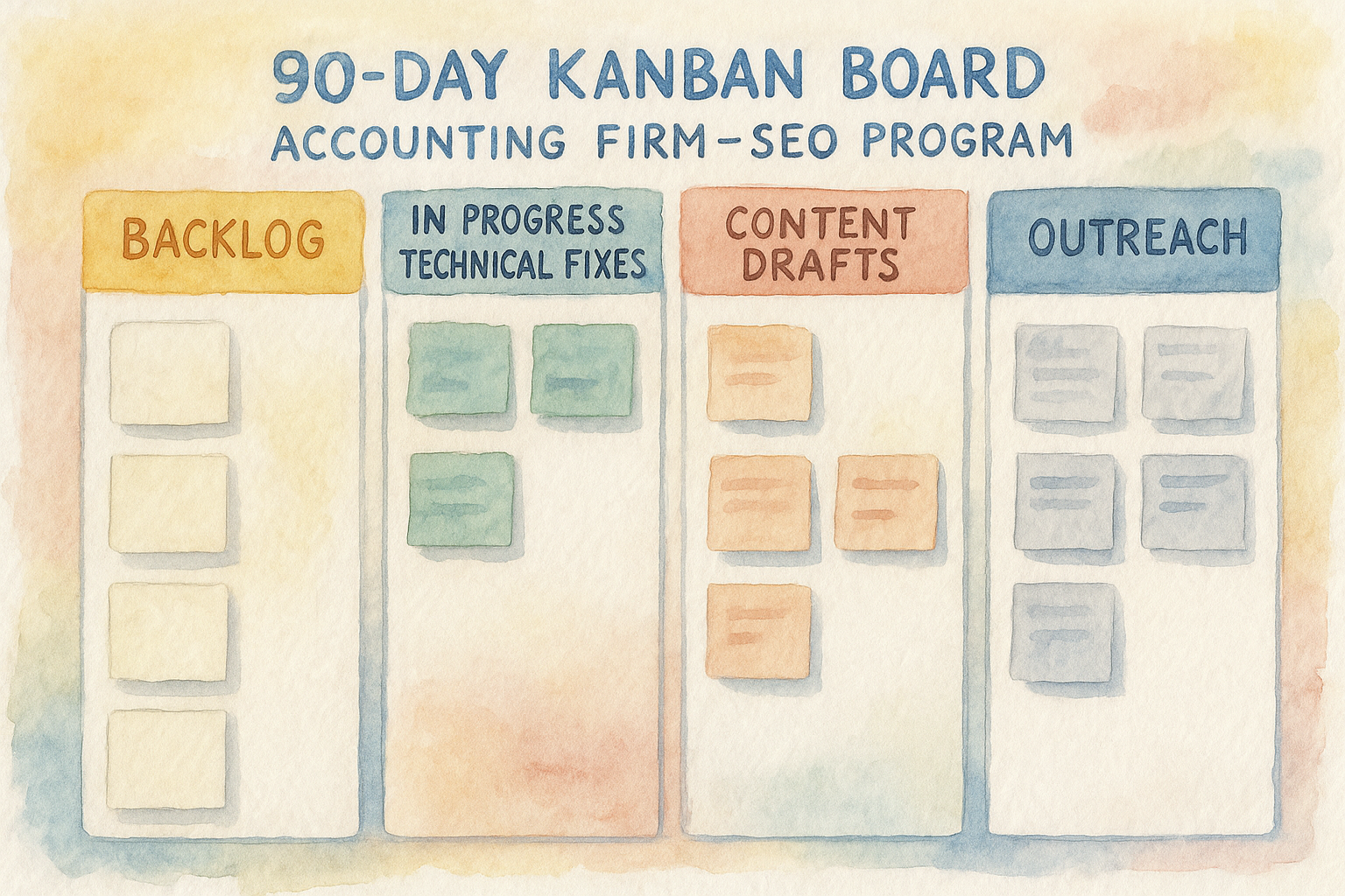 A 90-day Kanban board for an accounting firm's SEO program, showing backlog, in-progress technical fixes, content drafts, and outreach tasks.
