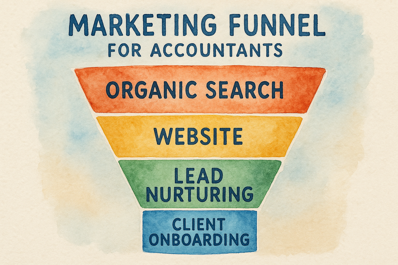 A stylized infographic showing the marketing funnel for accountants, with organic search at top and client onboarding at the bottom.
