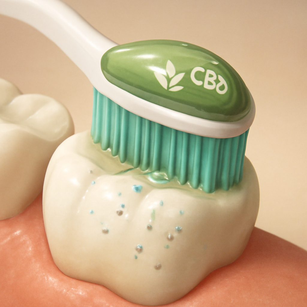 A bright, high‑resolution illustration of a toothbrush applying a natural, CBD‑infused toothpaste to a molar surface, showing mineral ions embedding into enamel. Alt: Natural CBD toothpaste application on tooth enamel.