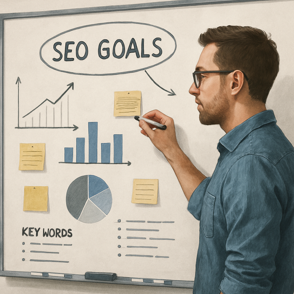 A stylized illustration of a marketer mapping out SEO goals on a whiteboard, with charts and sticky notes. Alt: Define SEO goals for SEO blueprint