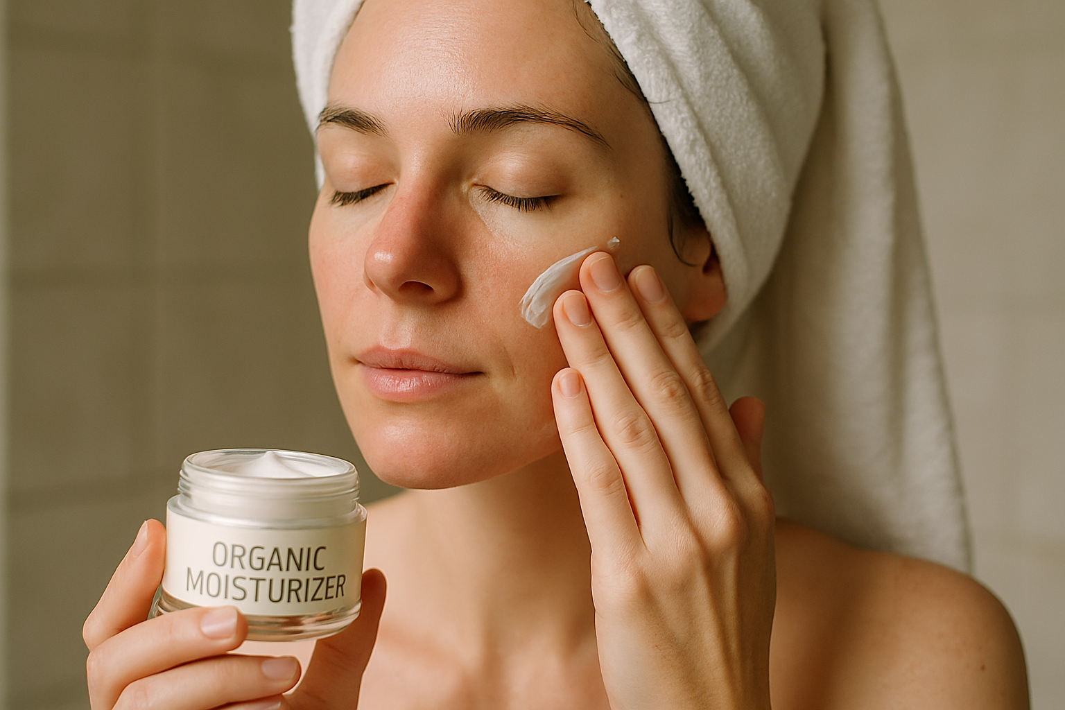 Woman applying organic moisturizer to clean, slightly damp face. Alt: Applying organic moisturizer sensitive skin with gentle technique