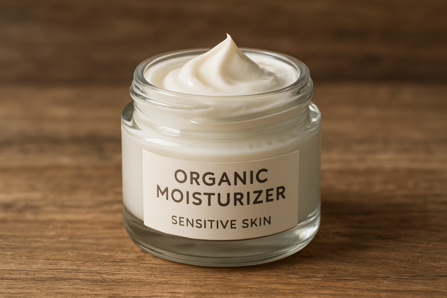 Recyclable glass cosmetic jar with organic moisturizer for sensitive skin on natural wooden surface. Alt: Sustainable packaging for organic moisturizer sensitive skin