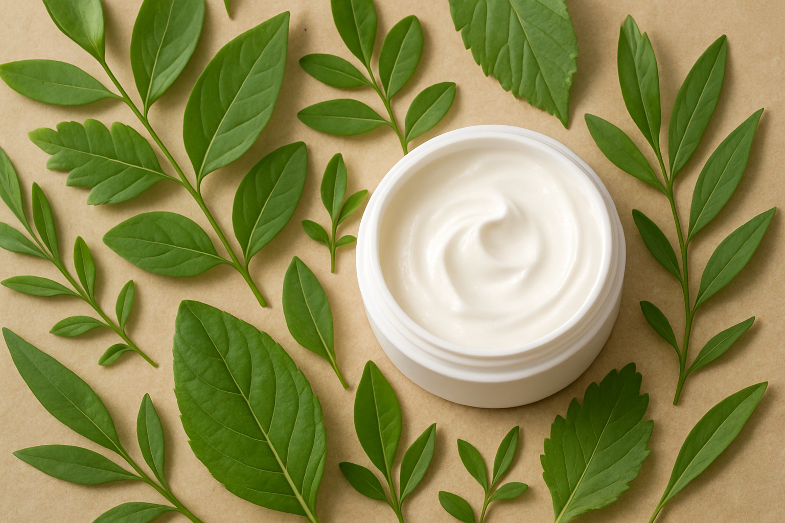 Fresh green botanical leaves with an organic moisturizer tub nearby. Alt: Natural botanical ingredients for organic moisturizer sensitive skin