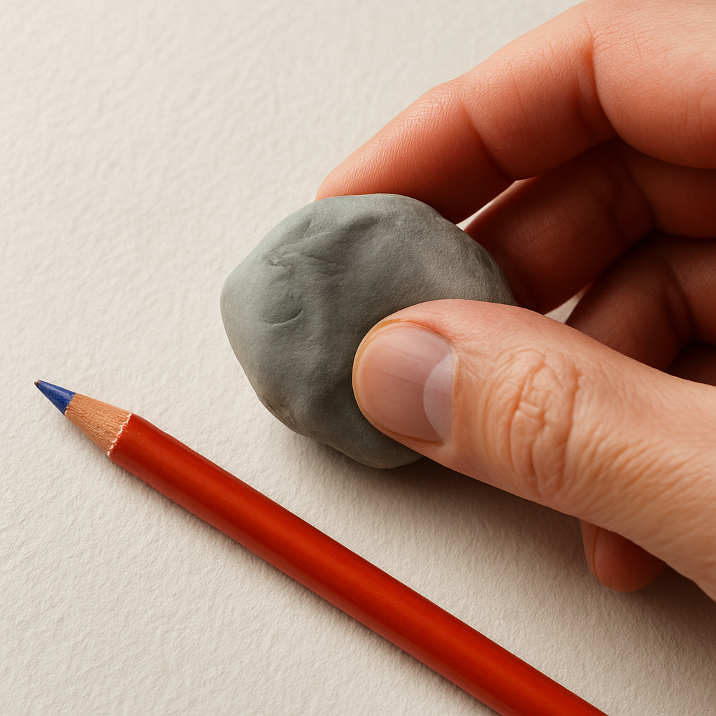 A close‑up of a hand holding a kneaded eraser next to a colored pencil on a textured sketchbook page. Alt: “Kneaded eraser for colored pencils”