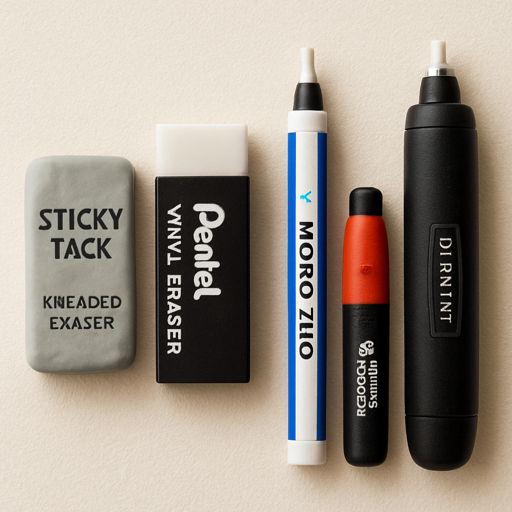 A close‑up of five eraser brands—Sticky‑Tack kneaded eraser, Pentel vinyl brick, Tombow Mono Zero, Sakura SumoGrip, and a Derwent electric eraser—arranged on a textured sketchbook surface. Alt: side‑by‑side comparison of popular eraser brands for colored pencils.