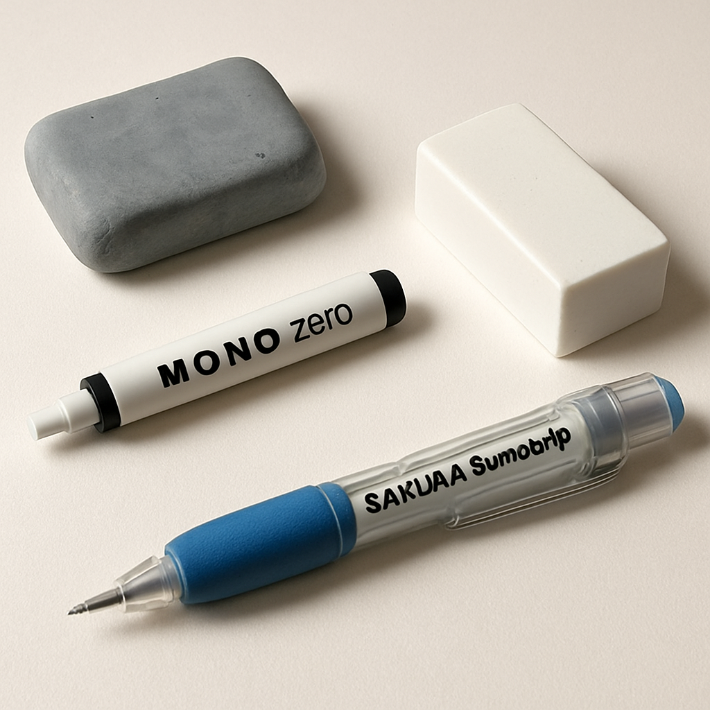 A neatly arranged selection of colored pencil erasers—including a kneaded eraser, a white vinyl brick, a mini‑round Mono Zero, and a retractable Sakura SumoGrip—displayed on a smooth sketchbook surface. Alt: assortment of erasers for colored pencils