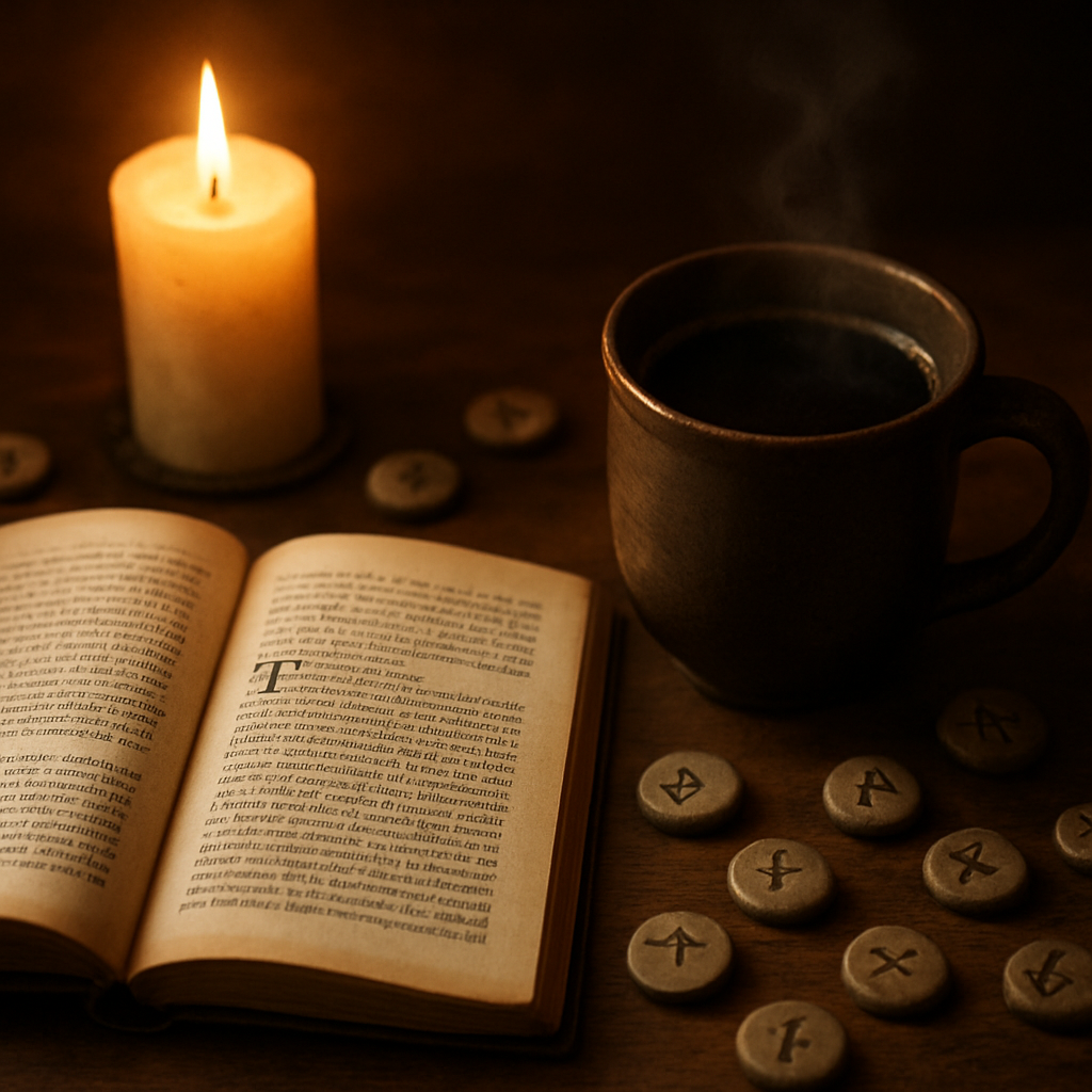 A cozy wooden table with a candle, an open fantasy novel, and a steaming mug of dark coffee surrounded by tiny decorative rune stones. Alt: storytelling coffee ritual with fantasy props and candlelight.