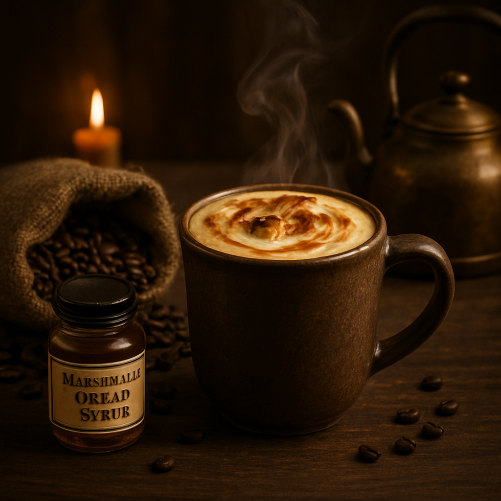 A photorealistic close‑up of a steaming mug of toasted marshmallow coffee on a wooden table, surrounded by a sack of dark roast beans, a small jar of Marshmallow Dream Syrup, and a vintage brass kettle, soft candlelight casting gentle shadows, emphasizing the creamy foam and caramel swirl. Alt: toasted marshmallow coffee preparation in a fantasy‑inspired kitchen.