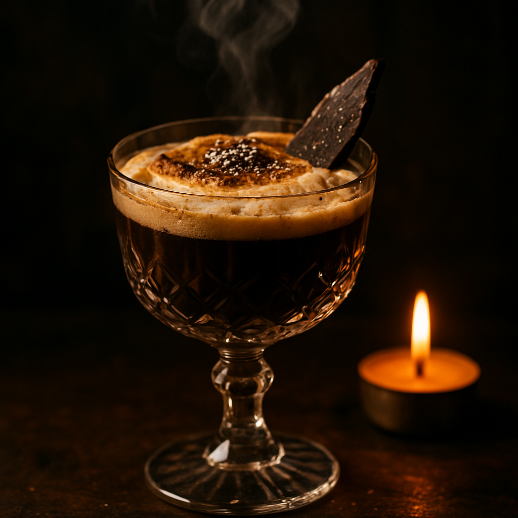 A photorealistic scene of a crystal chalice filled with toasted marshmallow coffee, steam swirling above, a tealight candle casting soft amber light, powdered marshmallow dusted on the foam, a pinch of smoked sea salt glistening, and a dark chocolate shard resting on the rim. Alt: Toasted marshmallow coffee served in a crystal chalice with elegant garnish, cinematic lighting.