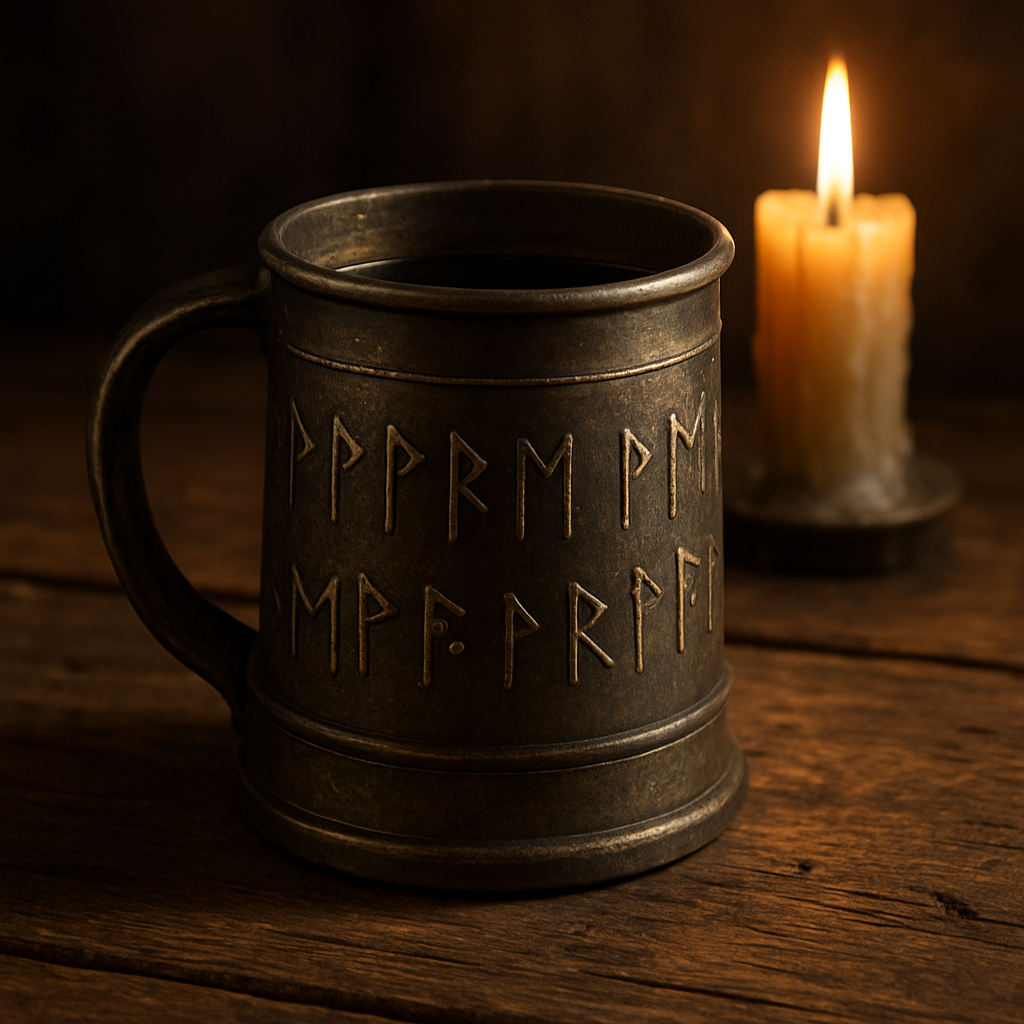 A medieval coffee mug with hand‑etched runes on a rustic wooden table, illuminated by soft candlelight. Alt: Medieval coffee mug with rune engravings on rustic setting.