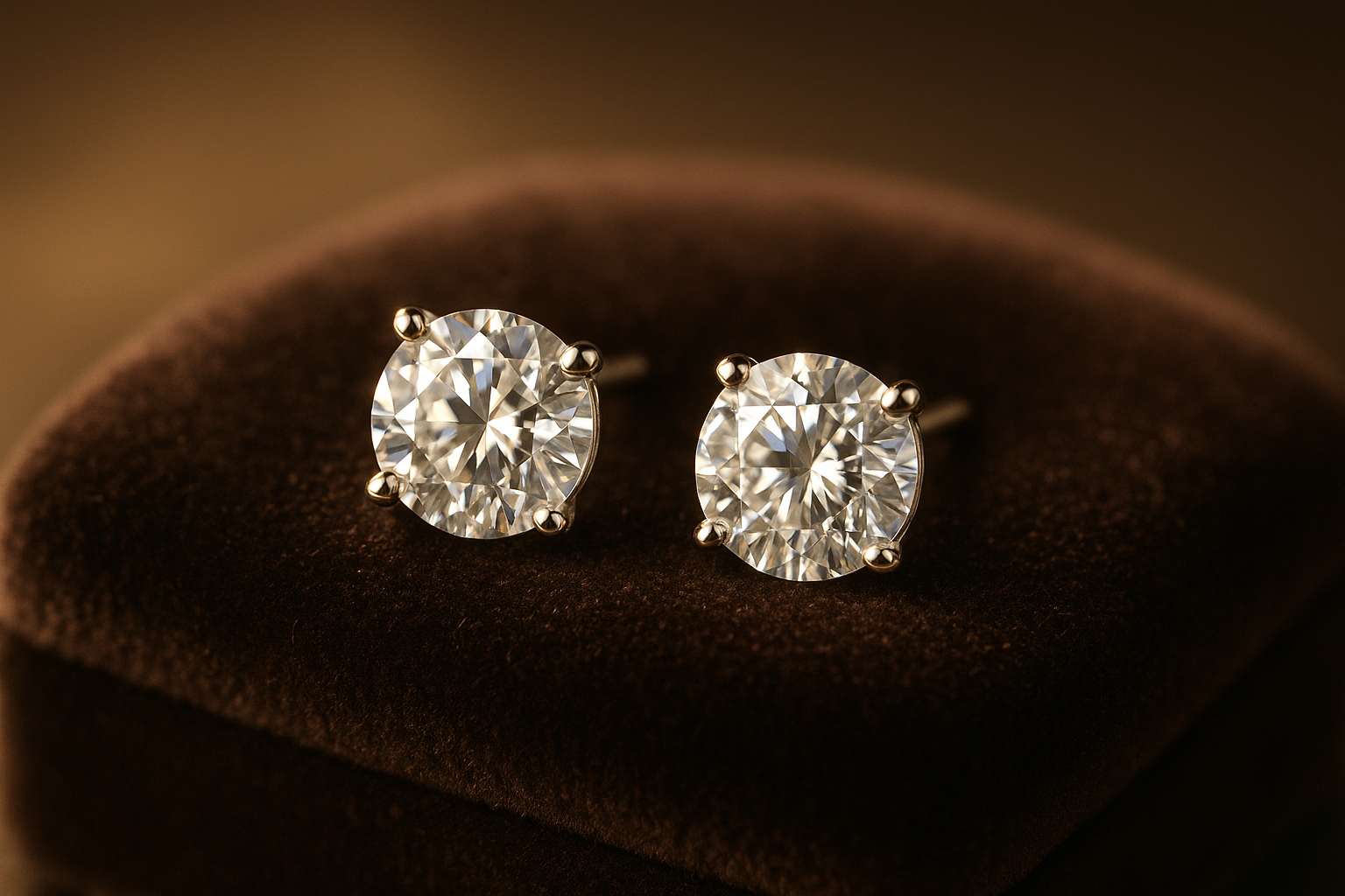 A close-up photograph of elegant 1 carat diamond earrings on a velvet cushion. Alt: Stunning 1 carat diamond earrings sparkling under soft light.
