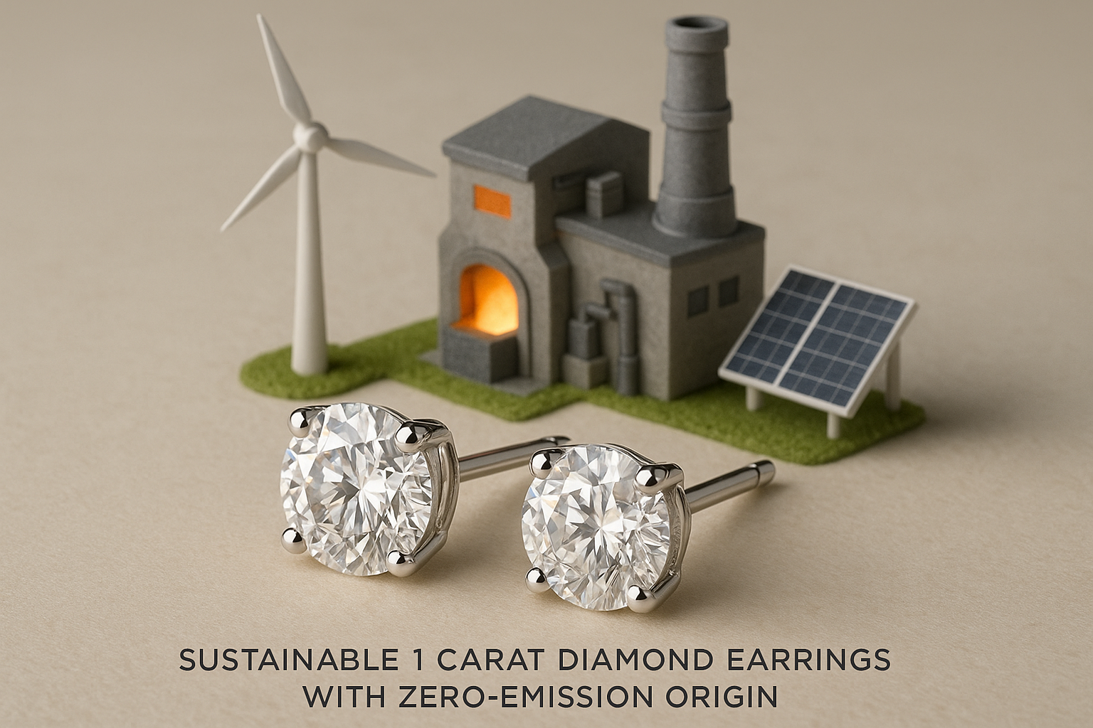 Artful display of a pair of eco-friendly lab-grown 1 carat diamond earrings next to a model of a renewable-energy powered foundry. Alt: Sustainable 1 carat diamond earrings with zero-emission origin.