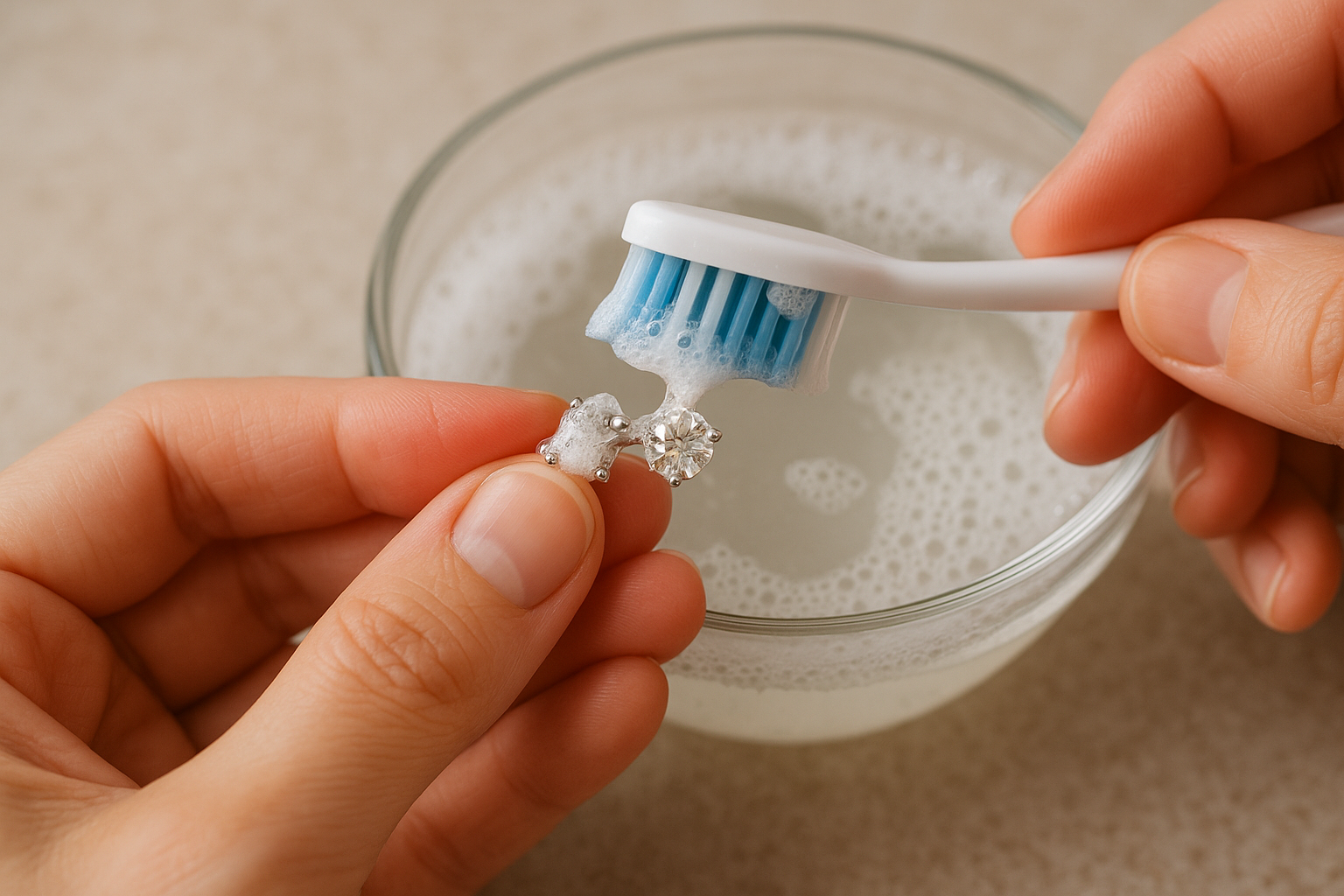 Hands cleaning 1 carat diamond earrings gently with a soft toothbrush and soap solution. Alt: Cleaning 1 carat diamond earrings to maintain shine and brilliance.
