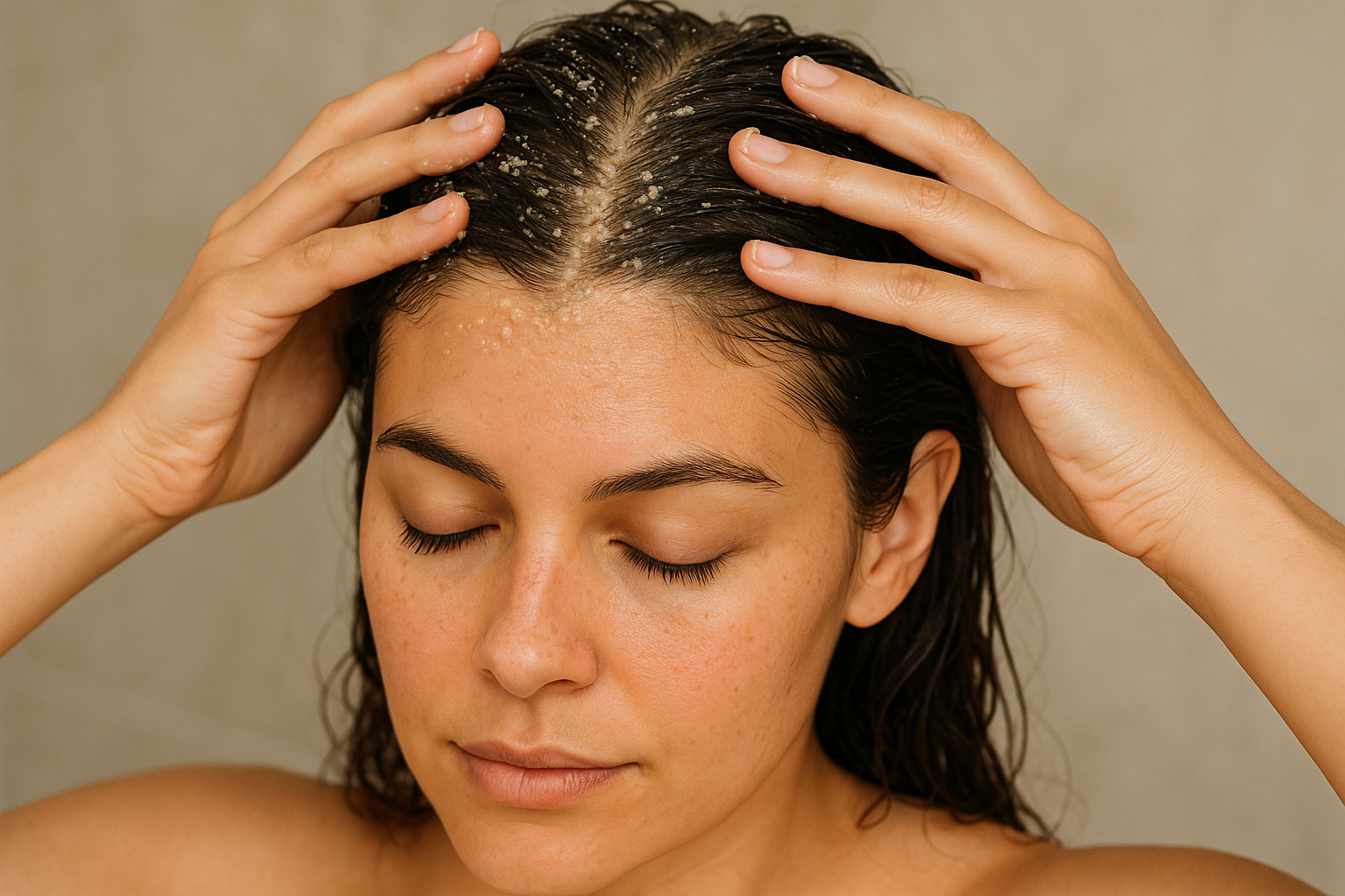 Woman gently massaging natural scalp scrub into dry scalp, showing self-care and hydration. Alt: Applying natural scalp scrub for dry scalp to soothe and exfoliate.