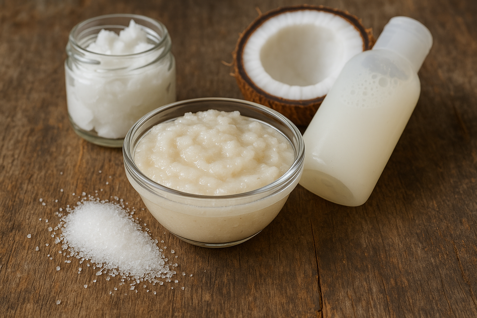DIY natural scalp scrub mixture made with sugar, coconut oil, and shampoo on a rustic backdrop. Alt: Homemade natural scalp scrub for dry scalp exfoliation and hydration.