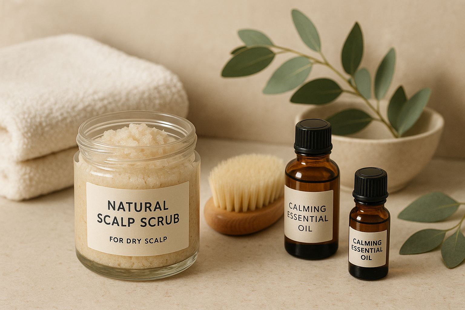 Serene spa setup featuring natural scalp scrub and calming essential oils. Alt: Natural scalp scrub for dry scalp as part of a nurturing self-care routine.