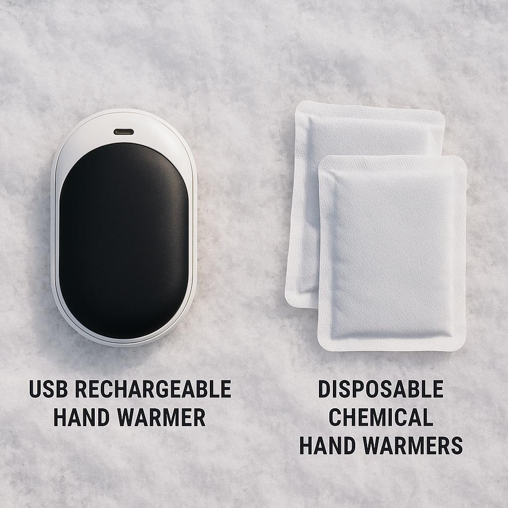 Side-by-side comparison of a USB rechargeable hand warmer and disposable chemical hand warmers laid out on snow. Alt: Comparing USB rechargeable and chemical hand warmers for cold weather use.