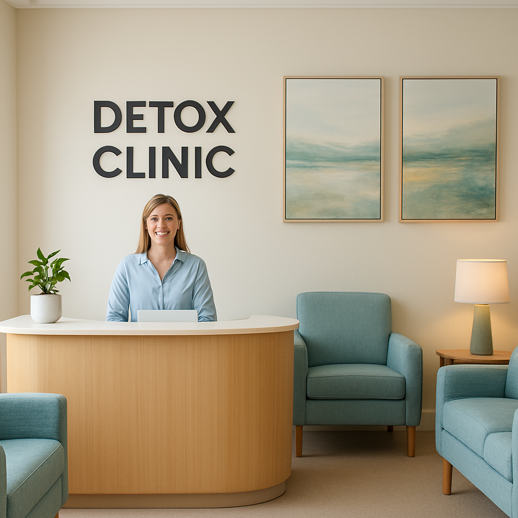 A calm, bright detox clinic reception area with a welcoming desk, comfortable seating, and soothing artwork. Alt: First detox clinic visit reception and orientation.