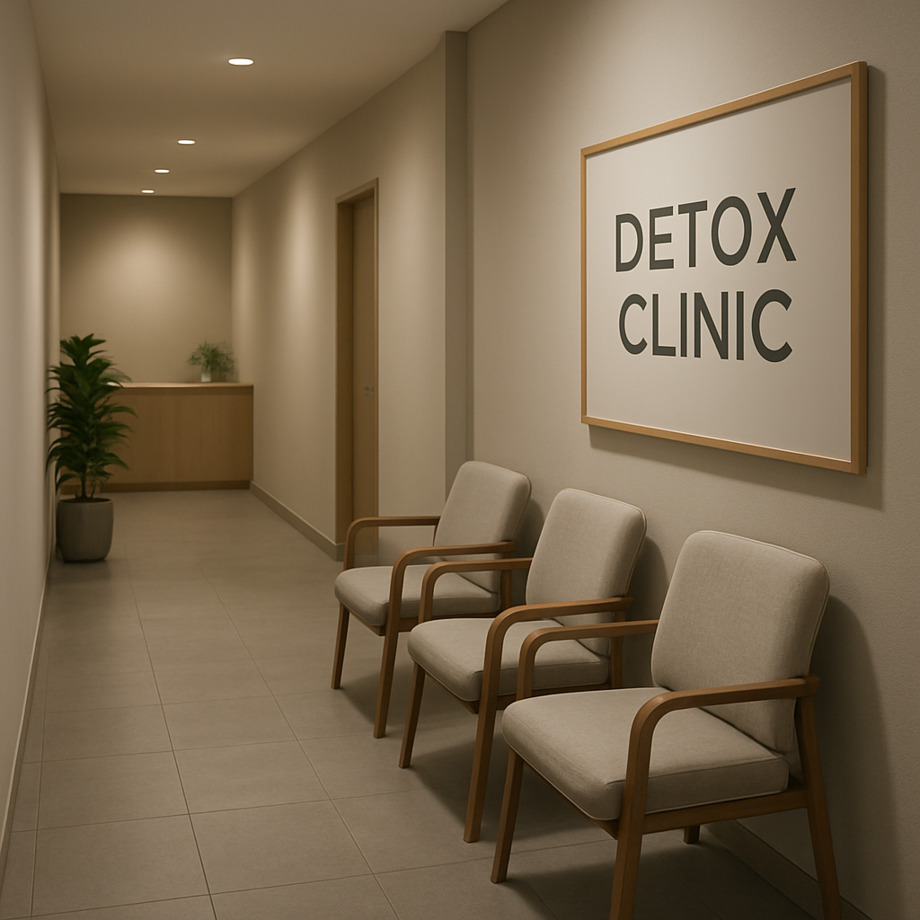 A calm, modern detox clinic hallway with soft lighting, comfortable chairs, and a discreet reception desk. Alt: Safe and supportive environment at a detox clinic.