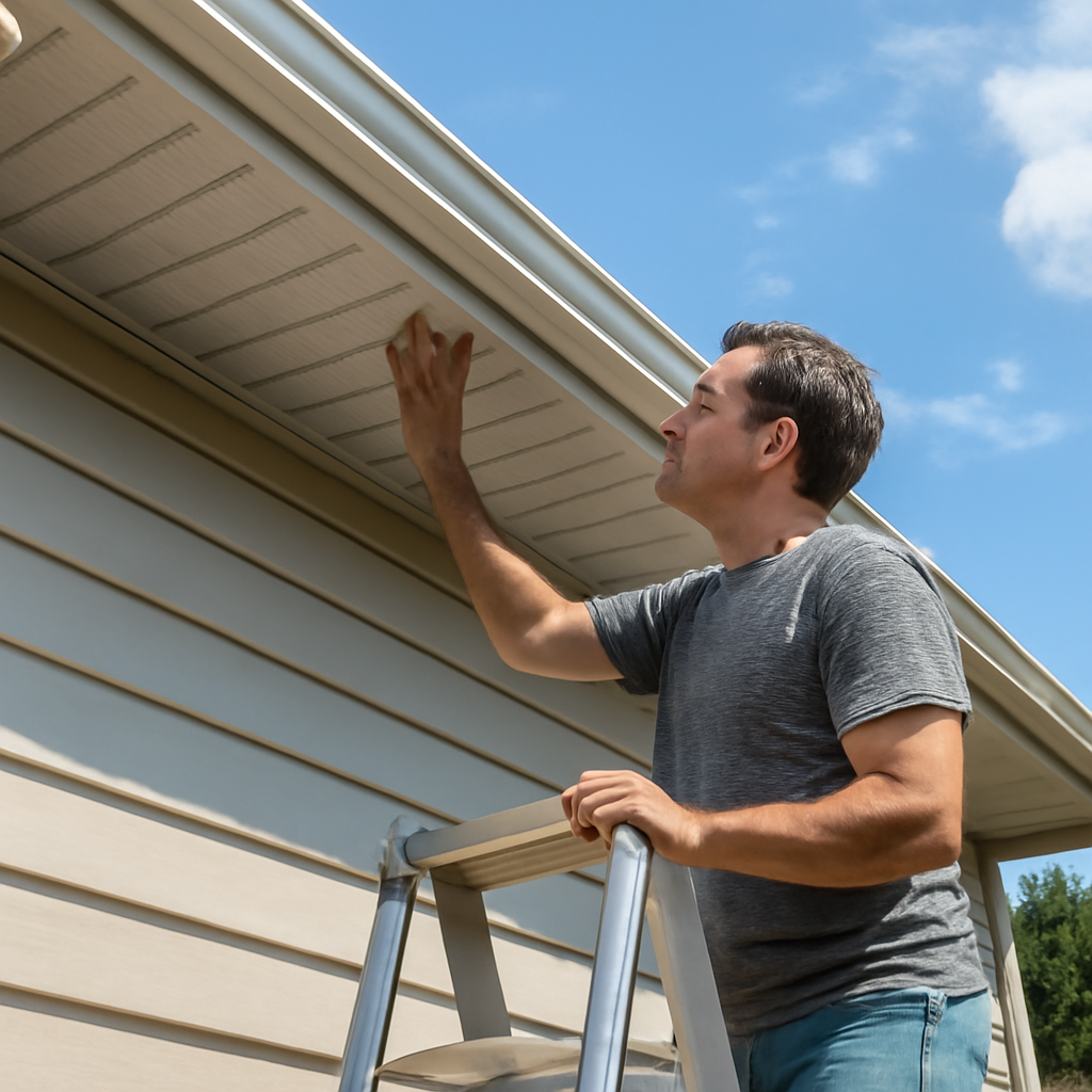 A homeowner standing on a ladder next to a newly installed aluminum soffit, with a bright sunny sky in the background. Alt: Homeowner inspecting aluminum soffit installation