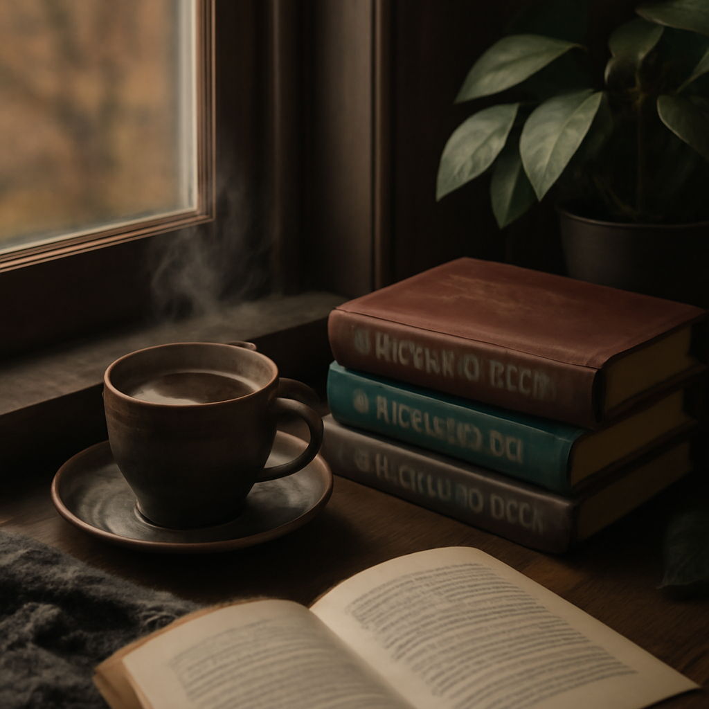 A cozy reading nook with a steaming cup of dark roast, a stack of fantasy novels, and a green plant on a windowsill. Alt: cozy fantasy coffee nook with book and plant
