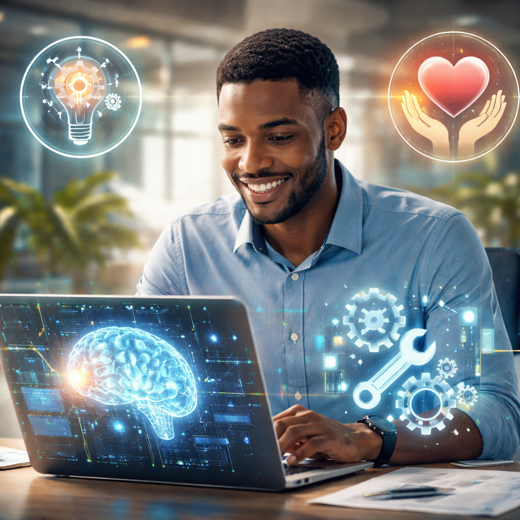A realistic illustration of a young professional using a laptop with AI visualizations, surrounded by icons for problem‑solving, empathy, and technical maintenance. Alt: Skills thriving in an automated economy