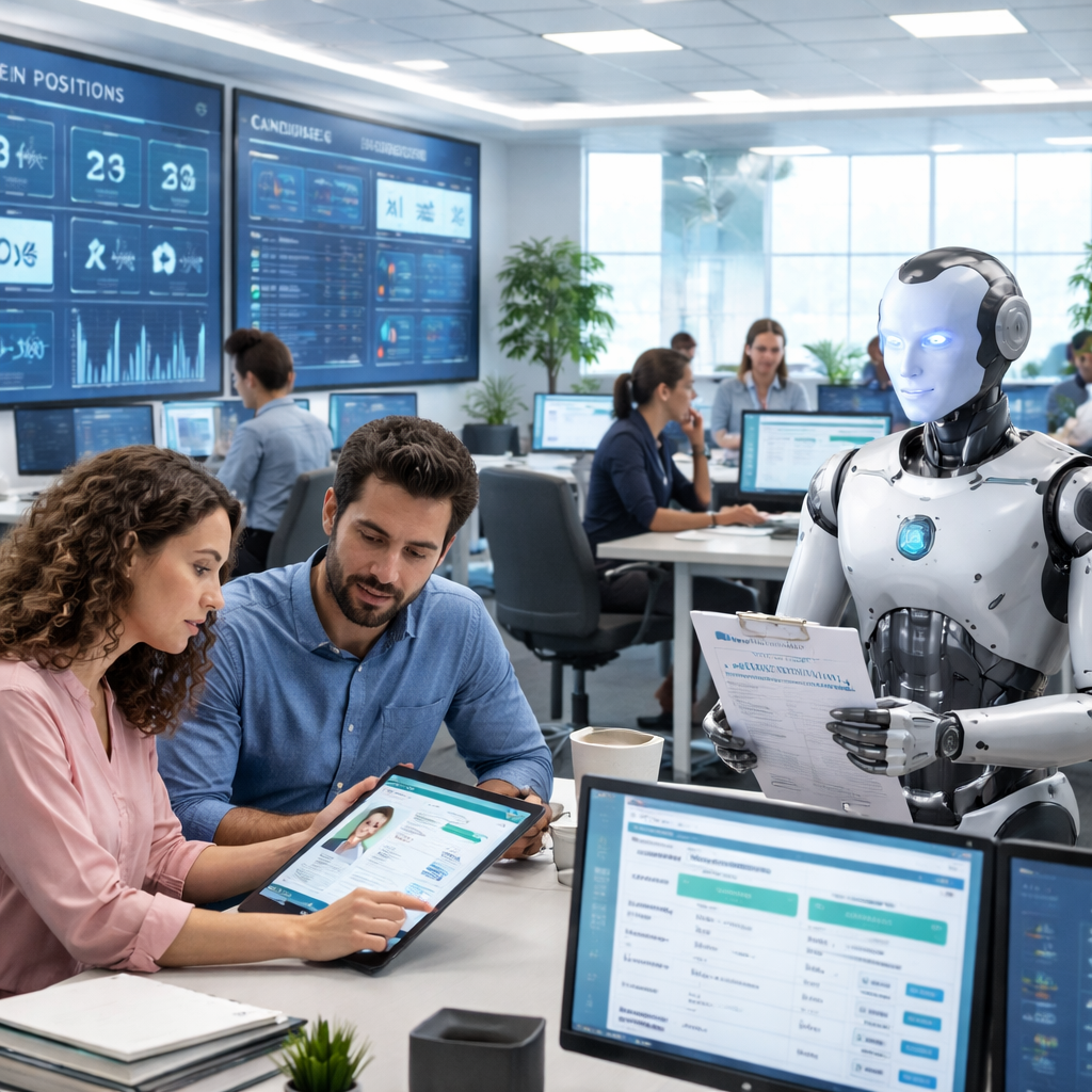 A realistic scene of a modern health‑care staffing office with AI dashboards on screens, recruiters discussing candidate profiles, and a robot handling credential checks. Alt: Automation creating opportunities in healthcare staffing