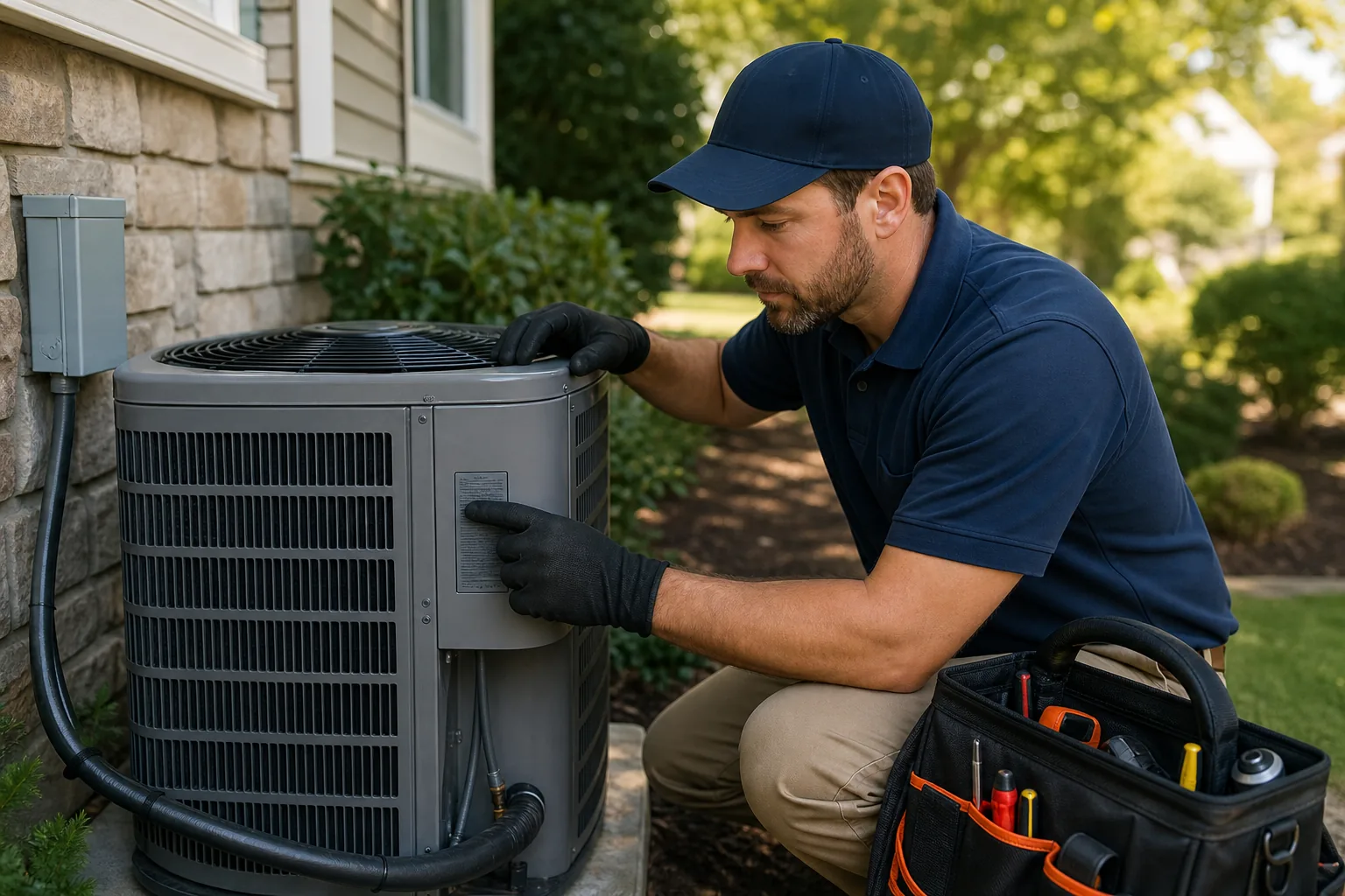HVAC technician checking an R-410A refrigerant label at an East Tennessee home
